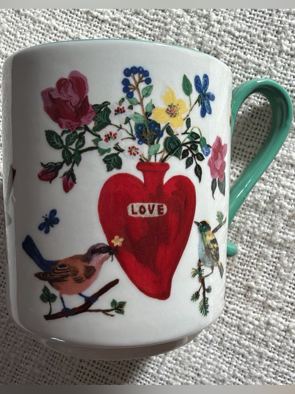 Anthropologie Floral Heart Ceramic Mug with Love Motif